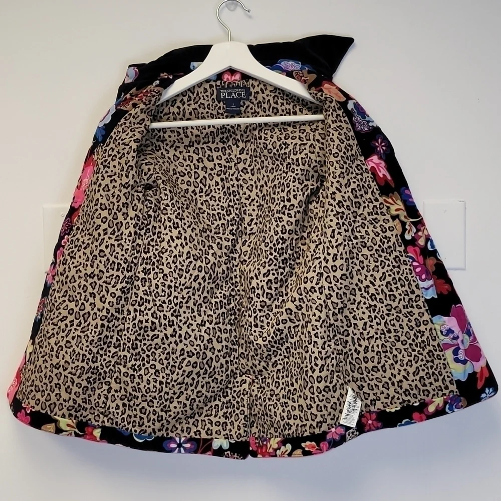 Children' Place Black Multicolored Floral Velvet Peacoat Leopard Details S 5/6